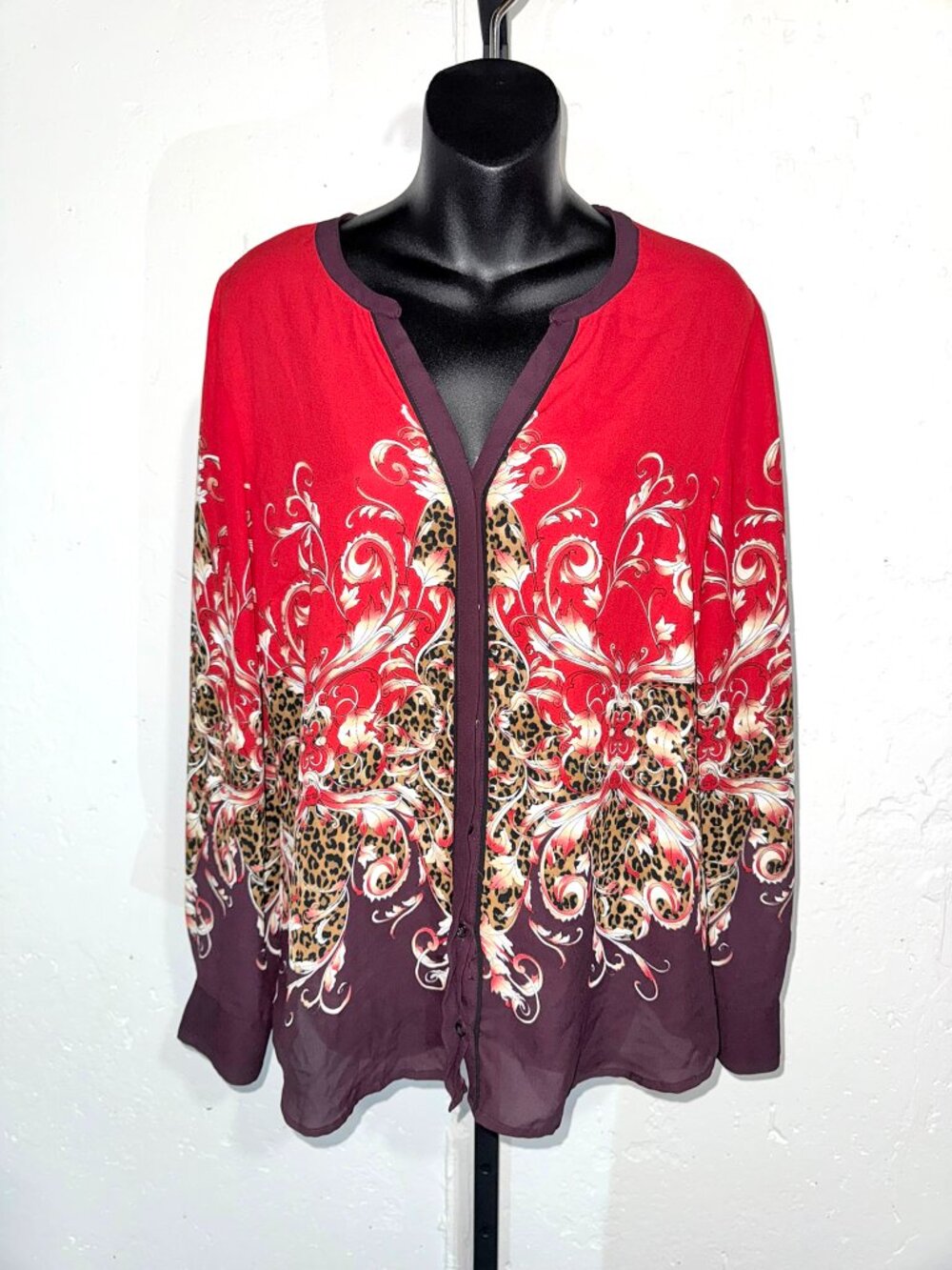 Dana Buchman Red & Black & Leopard Print Designed Blouse Size 8
